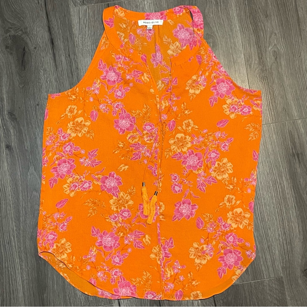 Rose + Olive beautiful orange and pink floral sleeveless top Cruise Resort Chic